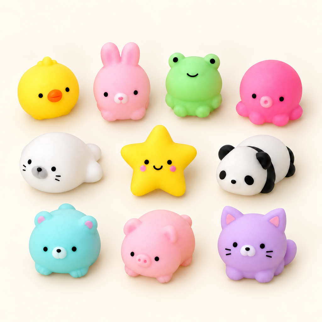 Ten mochi animal squishies — styled example assortment